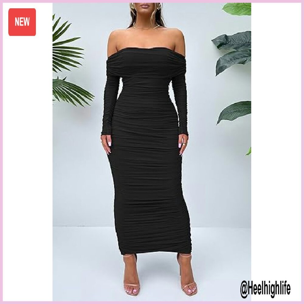 Long Sleeve Off Shoulder Maxi Dress Bodycon Ruched Slit Formal Club - Picture 5 of 8